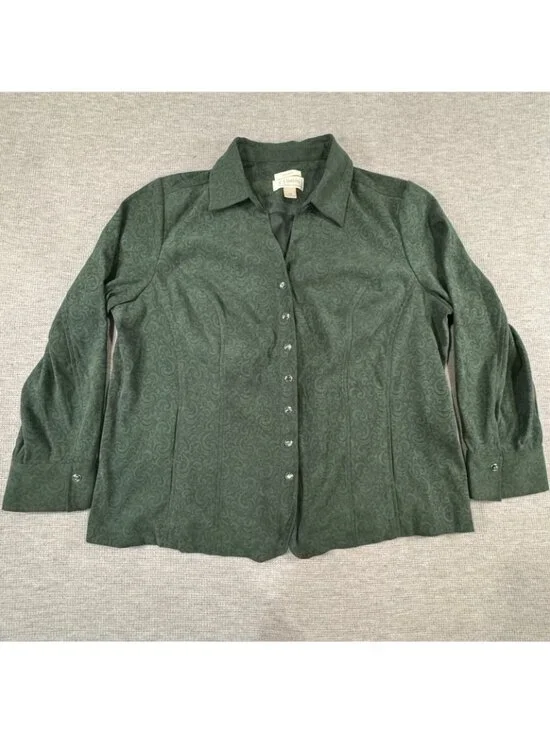 CJ Banks Pearl Snap Blouse Womens Size 1X Stretch Paisley Green Long Sleeve - Picture 3 of 13